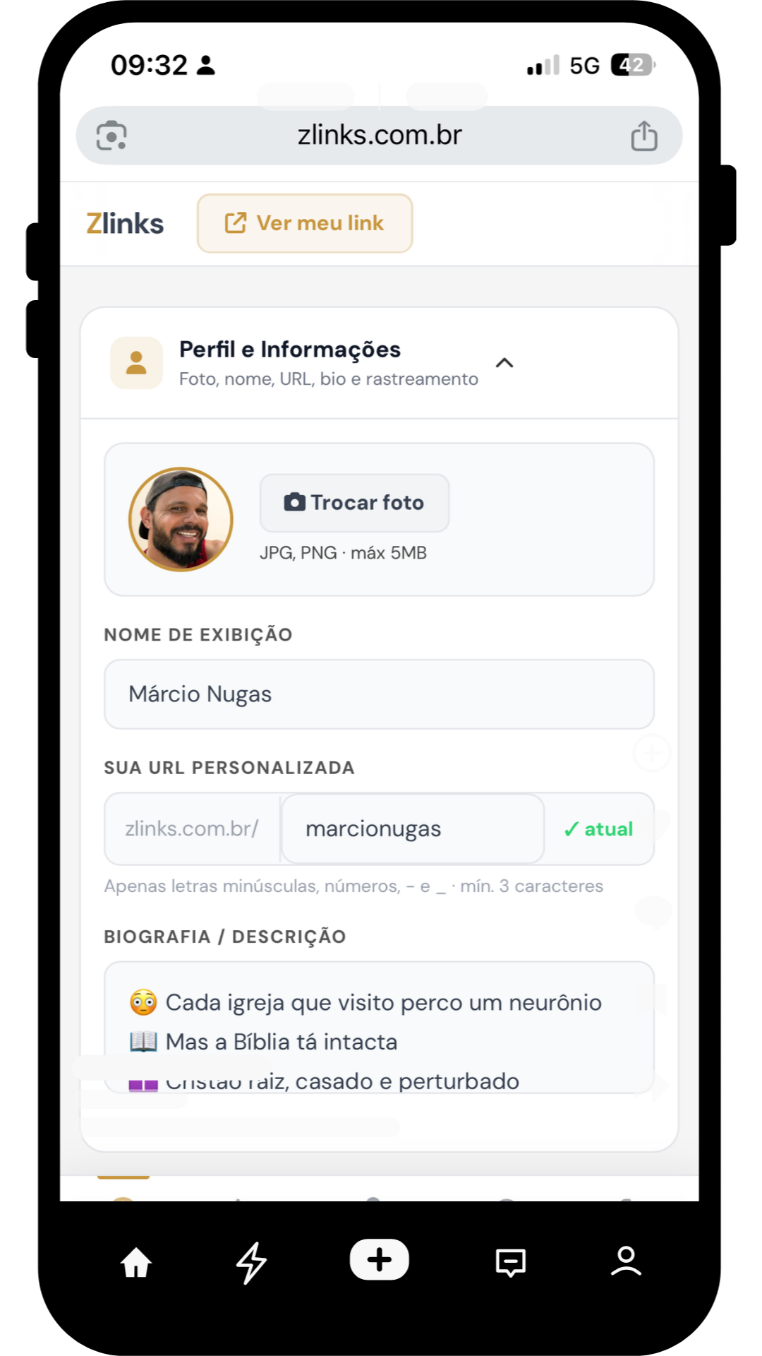 Tela de edição de perfil do Zlinks