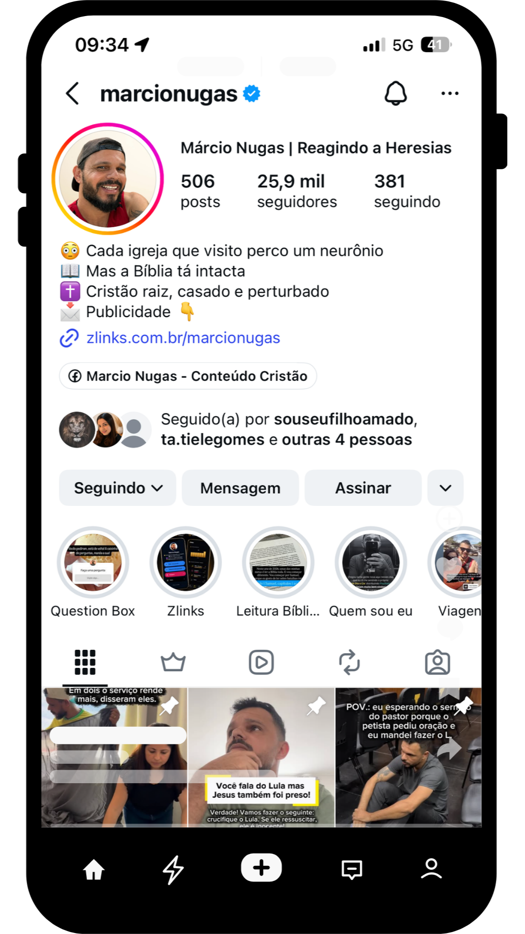 Link do Zlinks em uma bio real do Instagram